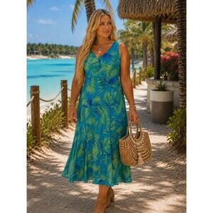 Dana Kay Tropical Palm Print Midi Dress 18W Blue Green Sleeveless Flare Hem